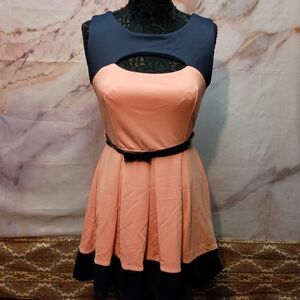 Touch Me Sleeveless Peach and Navy Pleated Dress